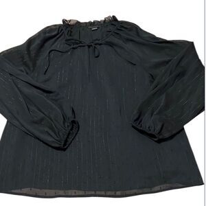 Sanctuary szXL black sheer LS blouse ties at neck Swiss dots/silver threads EUC
